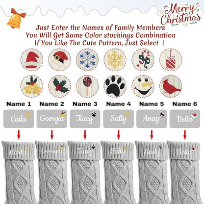 Personalized Christmas Stockings,Custom Embroidered Name+Logo Xmas Knitted Stockings 18'',Holiday and Family Stocking for Fireplace Christmas Holiday Party Decoration 1-6Pack（Grey）