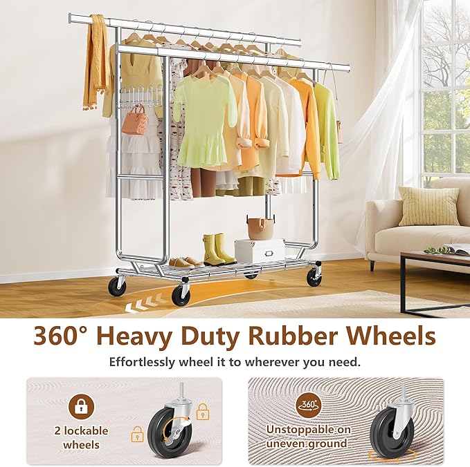 Hoctieon 2-Minute Assembly Double Rod Clothes Rack, Heavy Duty Rolling Clothing Racks with Wheels, Foldable Commercial Garment Rack, Extendable Hanging Bar, Adjustable Metal Pole with Hooks, Chrome