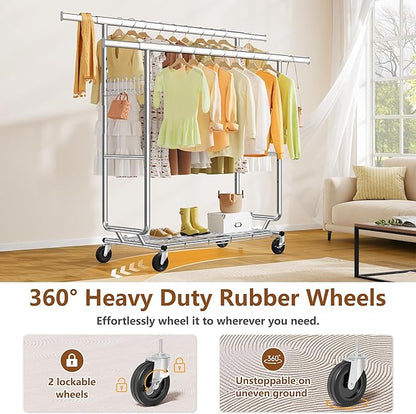 Hoctieon 2-Minute Assembly Double Rod Clothes Rack, Heavy Duty Rolling Clothing Racks with Wheels, Foldable Commercial Garment Rack, Extendable Hanging Bar, Adjustable Metal Pole with Hooks, Chrome