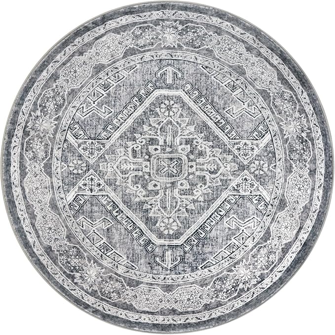 KUTA Oriental Round Rugs 6ft, Grey Circle Rug Washable 6ft, Non-Slip Printed Vintage Medallion Carpet for Living Room Dining Kitchen Indoor Entryway