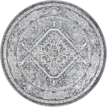 KUTA Oriental Round Rugs 6ft, Grey Circle Rug Washable 6ft, Non-Slip Printed Vintage Medallion Carpet for Living Room Dining Kitchen Indoor Entryway