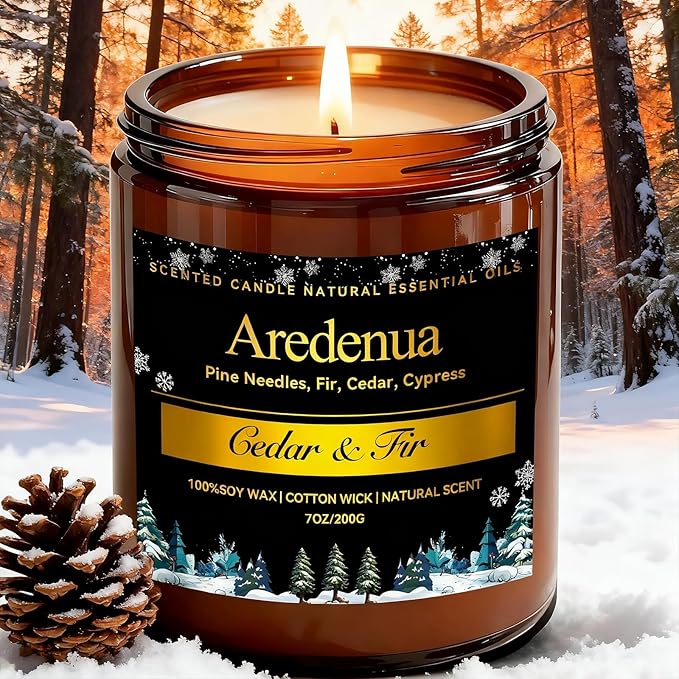 Winter Candles – Cedar & Fir Scented Candle | 7oz Soy Candles for Home Scented with 50H Burn - Evergreen Pine Christmas Candle for Home | Winter Aromatherapy Gifts for Women Men