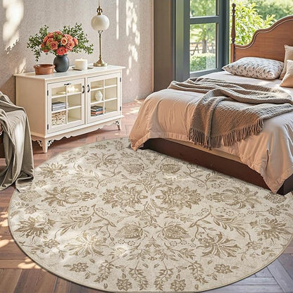 jinchan Classic Floral Round Rug 8ft, Vintage-Inspired Neutral Design 8’Circle Rug, Machine Washable Ultra-Thin Low-Pile Non-Slip Indoor Carpet for Bedroom Dining Room Living Room, Taupe