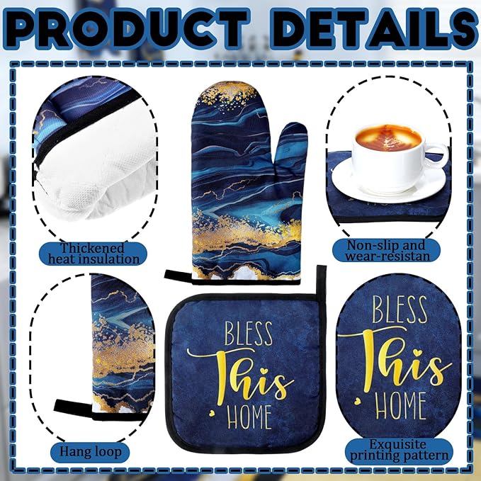 10 Pcs Christmas Marble Farmhouse Kitchen Decor Accessories Set Marble Kitchen Dish Towels Rugs Oven Mitts and Pot Holders Sets for Cooking Baking Daughter Mom Gift(Blue)