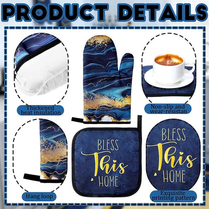 10 Pcs Christmas Marble Farmhouse Kitchen Decor Accessories Set Marble Kitchen Dish Towels Rugs Oven Mitts and Pot Holders Sets for Cooking Baking Daughter Mom Gift(Blue)