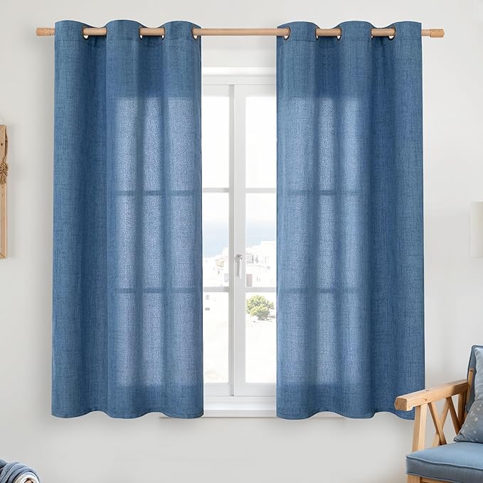 YoungsTex Navy Blue Linen Curtains 45 Inch Length, Short Light Filtering Semi Sheer Drapes with Bronze Grommet Privacy for Bathroom Living Room Windows, 42 x 45 Inch, 2 Panels