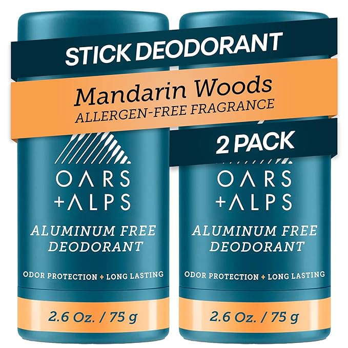 Oars + Alps Aluminum Free Deodorant for Men and Women, Dermatologist Tested and for Sensitive Skin, Vegan, Mandarin Woods, 2 Pack, 2.6 Oz Each
