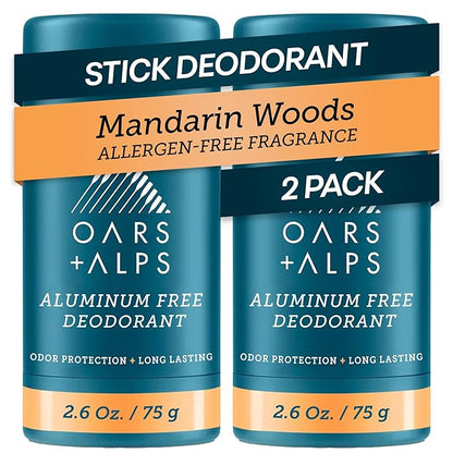 Oars + Alps Aluminum Free Deodorant for Men and Women, Dermatologist Tested and for Sensitive Skin, Vegan, Mandarin Woods, 2 Pack, 2.6 Oz Each