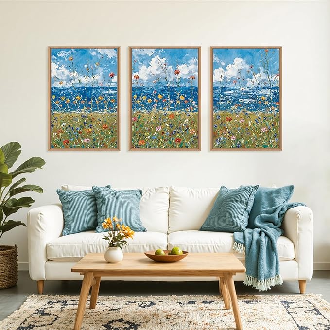 Large Modern Coastal Wildflower Framed Canvas Wall Art,Vintage Seaside Wall Decor,Abstract Flower Blue Wall Print,Nature Colorful Landscape Artwork for Living Room,Bedroom,Dining Room-16"x24"x3