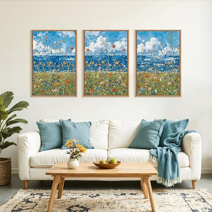Large Modern Coastal Wildflower Framed Canvas Wall Art,Vintage Seaside Wall Decor,Abstract Flower Blue Wall Print,Nature Colorful Landscape Artwork for Living Room,Bedroom,Dining Room-16"x24"x3