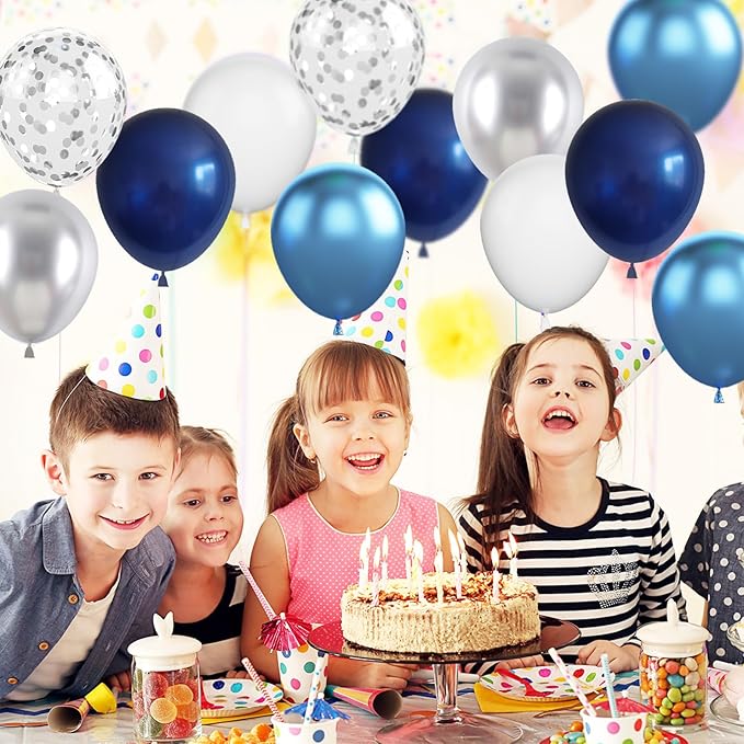 Navy Blue & Silver Balloons - 60pc Metallic & Latex Mix, 12" White Balloons with Silver Confetti for Birthday, Baby Shower, Graduation & Wedding Parties