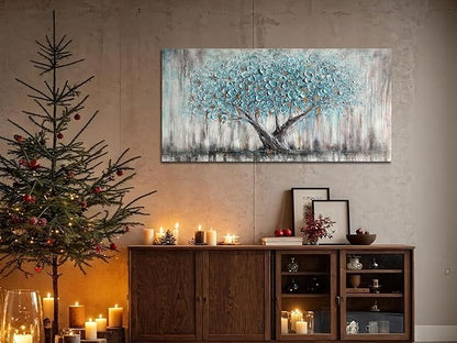 Arjun Tree Wall Art Canvas for Living Room Blue Tree of Life Nature Teal Abstract Textured Painting Picture Modern Panoramic Landscape Artwork Framed Bedroom Home Office Decor, Large Size 40"x20"