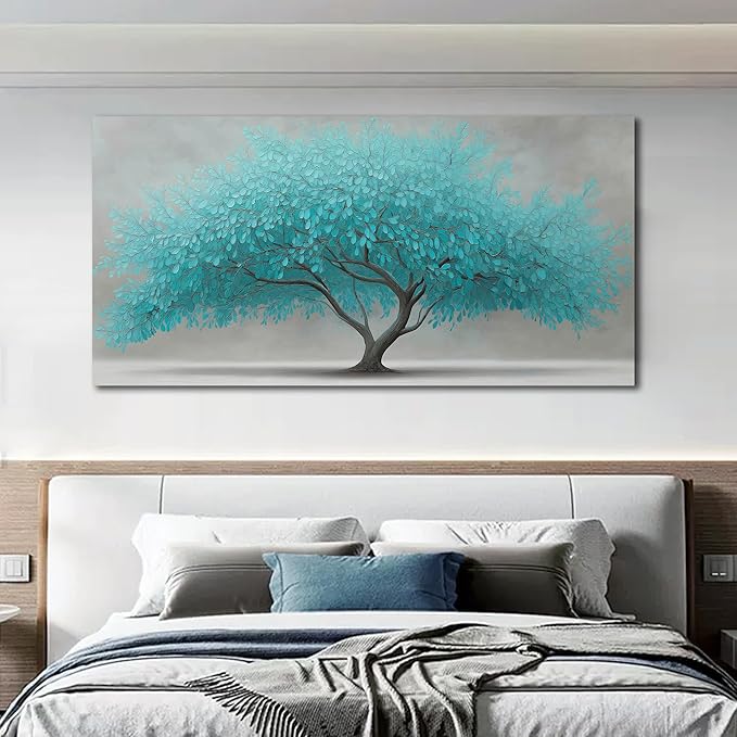 Tree of Life Wall Art for Living Room Bedroom Teal Blue Nature Print Picture Painting Large Framed Wall Decor for Bathroom Office Modern Home Botanical Landscape Wall Decorations Artwork Size 24x48 Ready to Hang