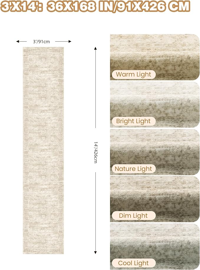 3x14 Washable Runner Rug for Hallway, Non-Slip Long Hallway Runner for Entryway, Soft Vintage Kitchen Mats for Floor, Abstract Dining Room, Bedroom, Living Room Rugs(3'x14', Beige/Ivory)
