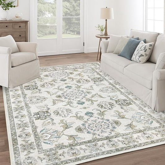 5x7 Washable Area Rugs Beige and Sage Green Vintage Boho Floral Farmhouse Rug for Living Room Bedroom, Non Slip Low Pile Carpet