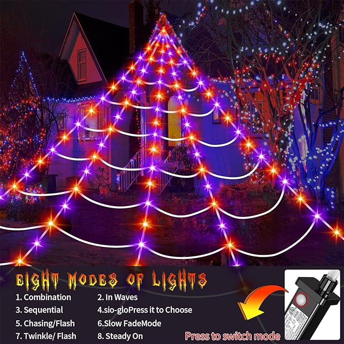 Halloween Giant Spider Web Lights Decorations Outdoor, 16.4Ft 200 LED Lighted Spider Web Light up with 8 Modes for Yard House Decor