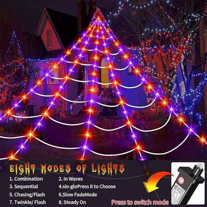 Halloween Giant Spider Web Lights Decorations Outdoor, 16.4Ft 200 LED Lighted Spider Web Light up with 8 Modes for Yard House Decor