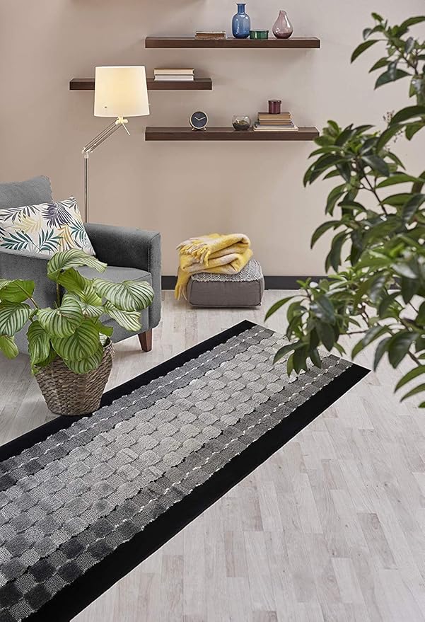 11 ft Long Non-Slip Washable Carpet Runner Rug with Rubber Backing, Custom Floor Mat for Kitchen Hallway Stairs Bedroom Bathroom Entryway, Checkered Black - Grey, Your Choice of Length, (26" X 11')