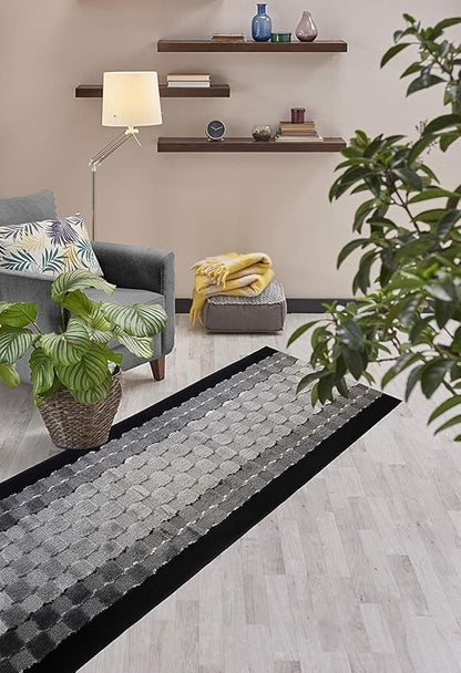 11 ft Long Non-Slip Washable Carpet Runner Rug with Rubber Backing, Custom Floor Mat for Kitchen Hallway Stairs Bedroom Bathroom Entryway, Checkered Black - Grey, Your Choice of Length, (26" X 11')