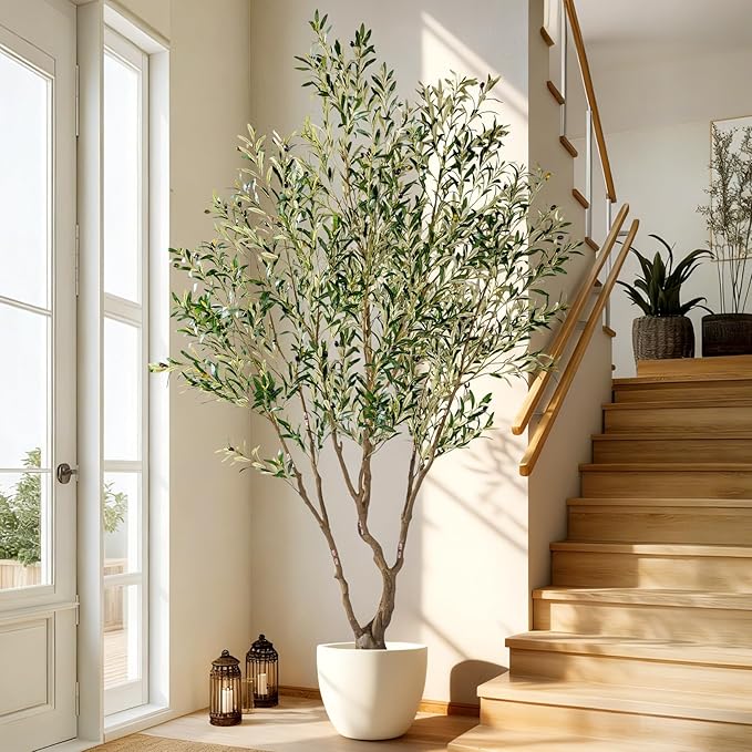 7ft Faux Olive Tree with Pot & Moss Artificial Olive Plant Fake Olive Tree for Home Decor, Large Indoor Artificial Trees Faux Plants Indoor Durable Artificial Trees for Living Room/Office