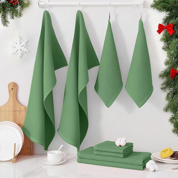 Homaxy 100% Cotton Kitchen Towels and Dishcloths Set, 12 x 12 Inches and 13 x 28 Inches, Set of 16 Bulk Kitchen Towels Set, Ultra Soft Absorbent Dish Cloths for Washing Dishes, Grass Green