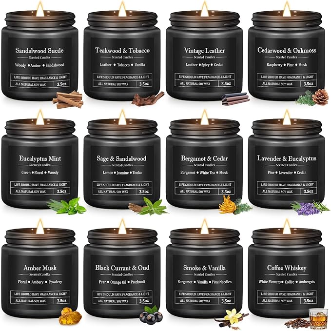 12 Pack Scented Candles for Men, Masculine Candle Gift Set with Smoky, Woody & Spiced Scents, Soy Wax Aromatherapy Candles for Home, Gifts for Him, Boyfriend