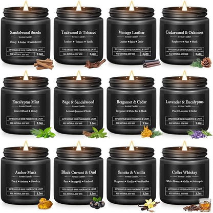 12 Pack Scented Candles for Men, Masculine Candle Gift Set with Smoky, Woody & Spiced Scents, Soy Wax Aromatherapy Candles for Home, Gifts for Him, Boyfriend
