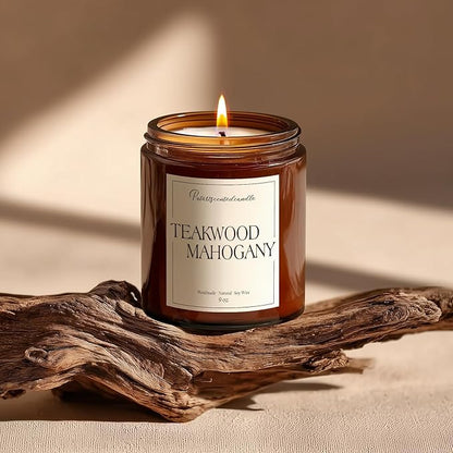 Mahogany & Teakwood Highly Scented Candles for Home, 9oz Natural Soy Aromatherapy Organic Candle with Essential Oil, Home Fragrance Stress Relief & Meditation Jar Candles Gifts for Men Women
