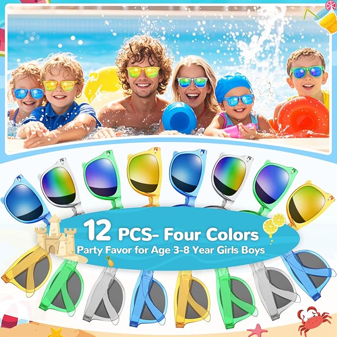 Party Favor Sunglasses for Kids, Boys Girls Age 3-8 Birthday Sunglass with UV 400 Protection, Neon Glasses for Valentines Easter Children Day Gifts, Summer Beach Goodie Bags Stuffers - 12 Packs