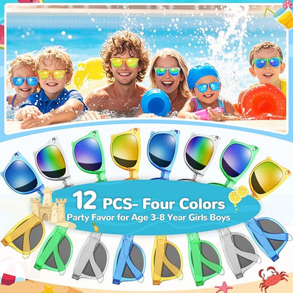 Party Favor Sunglasses for Kids, Boys Girls Age 3-8 Birthday Sunglass with UV 400 Protection, Neon Glasses for Valentines Easter Children Day Gifts, Summer Beach Goodie Bags Stuffers - 12 Packs