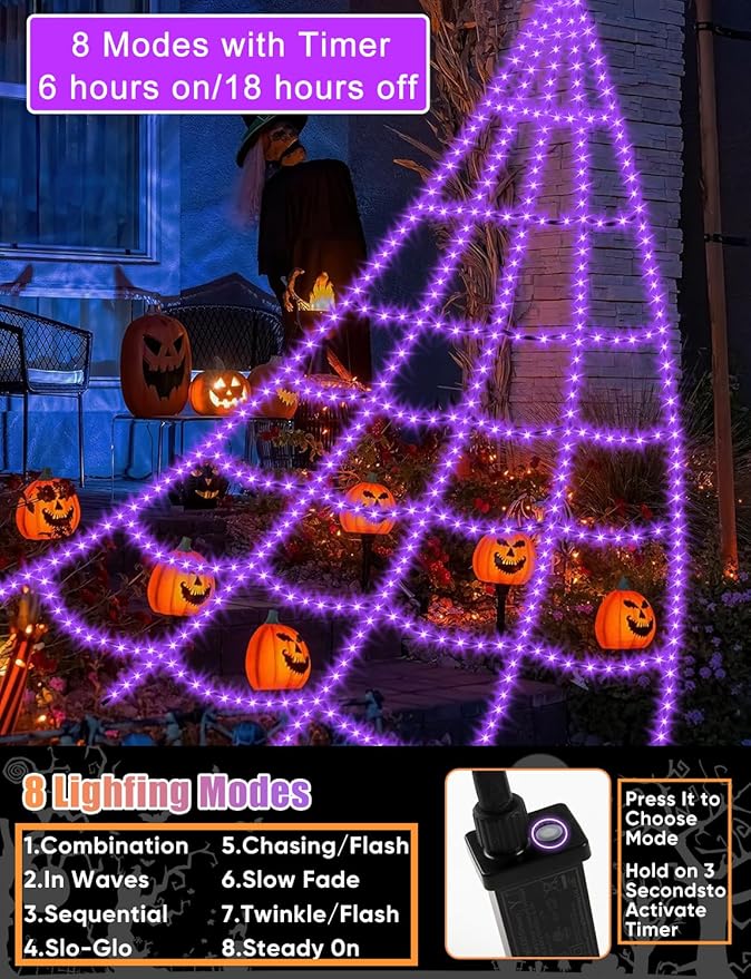 Halloween Decorations Outdoor Spider Web Lights - 16.4Ft Light Up Spider Web with 550 LEDs, Waterproof, 8 Modes Memory Function for Outdoor Yard Halloween Decorations (Without Spider)