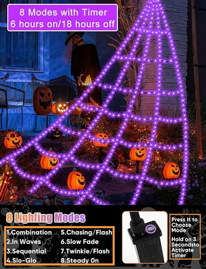 Halloween Decorations Outdoor Spider Web Lights - 16.4Ft Light Up Spider Web with 550 LEDs, Waterproof, 8 Modes Memory Function for Outdoor Yard Halloween Decorations (Without Spider)
