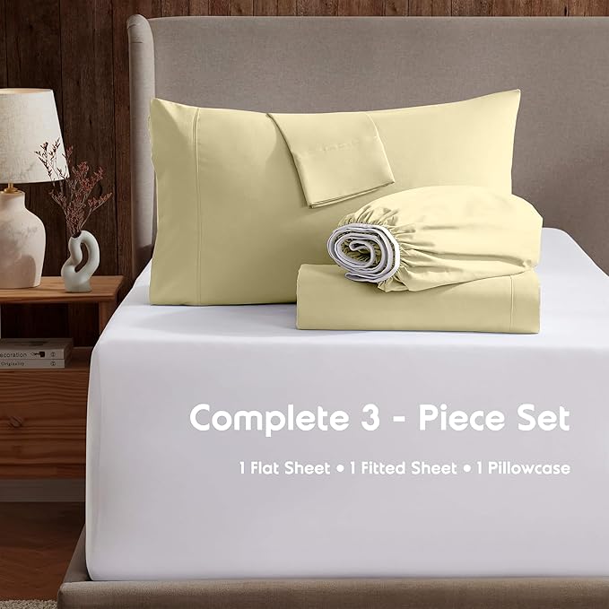 Nestl Twin Sheet Set - 1800 Ultra-Soft Microfiber Twin Bed Sheets - Double Brushed - Deep Pockets - Easy Fit - Extra Soft - 3 Piece Set - Bedding Sheets & Pillowcases (Twin, Vanilla Yellow)