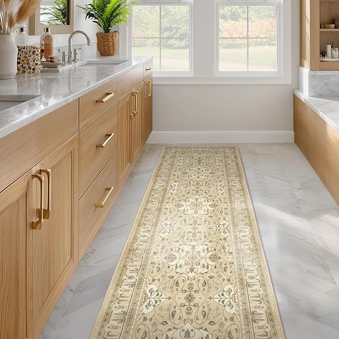 Boho Hallway Runner 2x6, Low Pile Thin Entryway Runner 6ft, Kitchen Runner Rugs Non Skid Washable for Laundry Room Bedside Bathroom, Floral Moroccan Pattern Warm Beige with Opal Colors