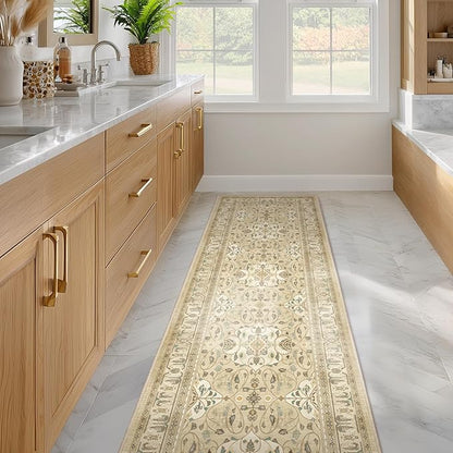 Boho Hallway Runner 2x6, Low Pile Thin Entryway Runner 6ft, Kitchen Runner Rugs Non Skid Washable for Laundry Room Bedside Bathroom, Floral Moroccan Pattern Warm Beige with Opal Colors