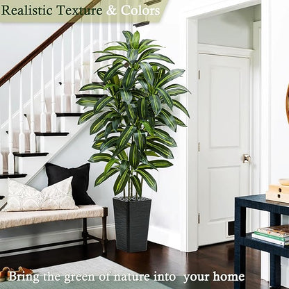 Artificial Dracaena Tree：5FT Faux Silk Tropical Yucca Floor Trees Realistic Fake Green Plant with Natural Wood Trunk & Lifelike Leaves for Home Office Decor Indoor & Outdoor (5FT,1-Pack,Black)