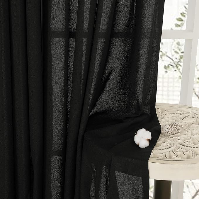 YoungsTex Black Linen Curtains 63 inch Length 2 Panels for Short Windows Bronze Grommet Drapes Light Filtering for Bedroom Living Room Gothic Decorative, 52 X 63 Inch