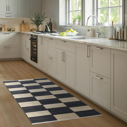 Abani Austin Collection Navy Runner Rug - 2' x 6' - Block Checkered Pattern, Non-Shedding - Easy to Clean, Durable for Hallways, Entryways & Kitchens, Pet & Kid Friendly