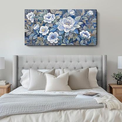ARTZON Large Wall Art for Living Room Botanical Flower Canvas Print Blue and White Grey Floral Peony Artwork Modern Spring Leaf Plant Picture Home Women Bedroom Dining Room Office Decor 48x24 Inch