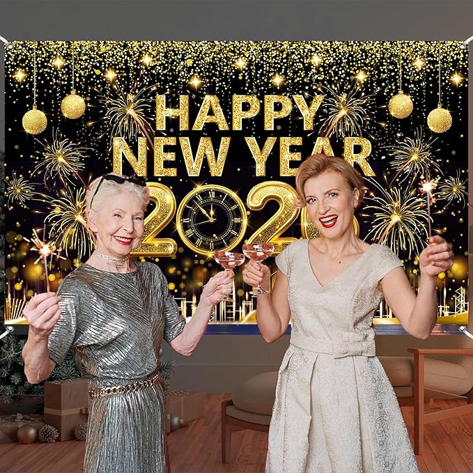 Gold 2026 Happy New Year Banner Backdrop 5.9×3.6 Ft Gold Glitter 2026 Backdrop with Clock Fireworks Sparkling Happy New Year Decorations Banner Family Party Photo Booth (Polyester) Retyshia