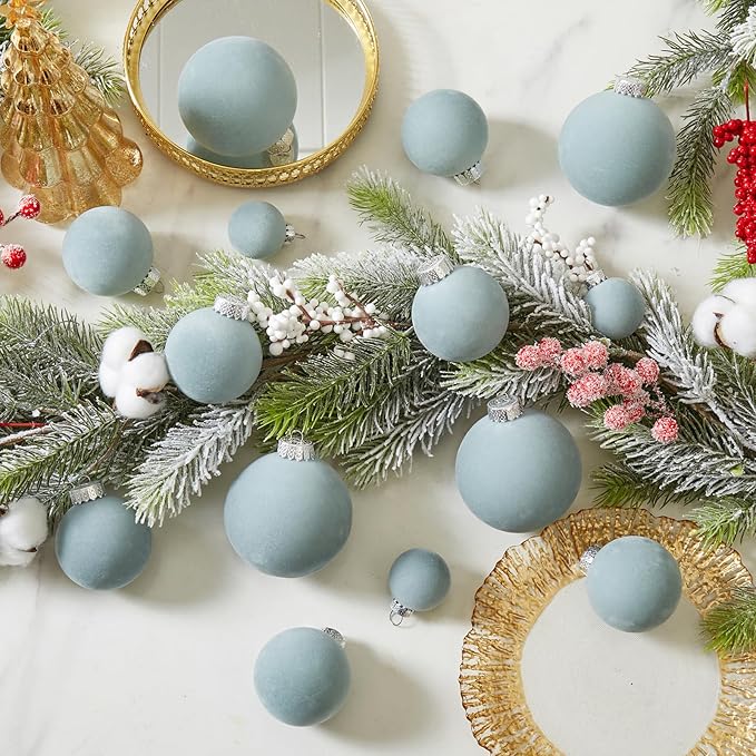 Velvet Christmas Ball Ornaments Set-46pcs Flocked Shatterproof Christmas Tree Decorations Plastic Xmas Decorative Hanging Ornaments for Xmas Holiday Home Decor,3 Sizes(Gray Blue)