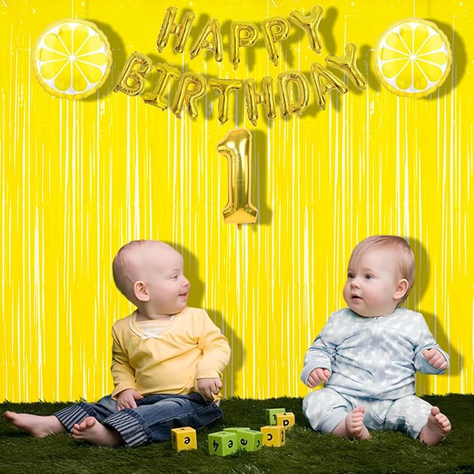 BRAVESHINE Foil Fringe Curtain Backdrop - 2 Pack Yellow Tinsel Photo Booth Backdrop Party Streamers for Easter, Birthdays, Christmas, Lemon, Pineapples Party Decorations