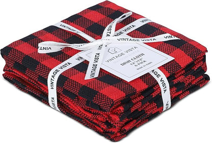 Vintage Vista 100% Cotton Dish Cloths (Pack of 6) - Dish Rags for Washing Dishes - Reusable & Highly Absorbent Kitchen Towels - Kitchen Rags for Christmas - (12" x 12" - Black & Red Checkered)