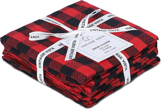 Vintage Vista 100% Cotton Dish Cloths (Pack of 6) - Dish Rags for Washing Dishes - Reusable & Highly Absorbent Kitchen Towels - Kitchen Rags for Christmas - (12" x 12" - Black & Red Checkered)