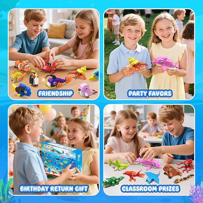 30 Pack Animals Valentines Party Favors For Kids, 824PCS Marine Animal Building Block Sets for Valentines Day Goodie Bags Filler Classroom Prizes Stocking Stuffers Birthday Gifts for Boys Girls 6+