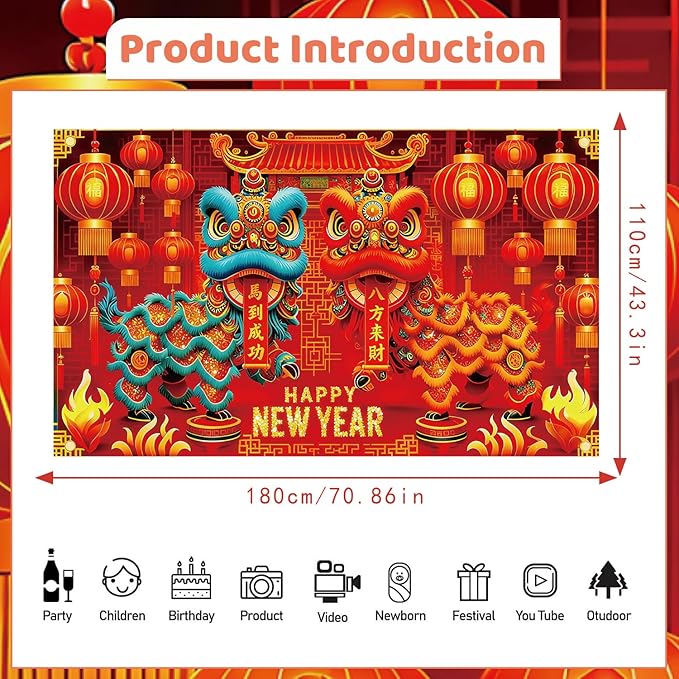 Chinese New Year Decorations 2026, 71x43 Inch Year of The Horse 2026 Banners Backdrops Party Decoration, Lunar New Year Backdrop Chinoiserie Decor for Spring Festival