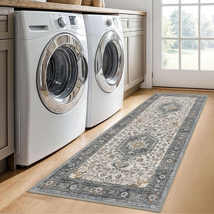 KUTA Runners for Hallways 2x6 Taupe, Vintage Floral Kitchen Rugs Non-Slip Washable Runner Ultra Soft Printed Retro Flower Carpet Entryway Rug for Bedroom Laundry Nursery Entryways