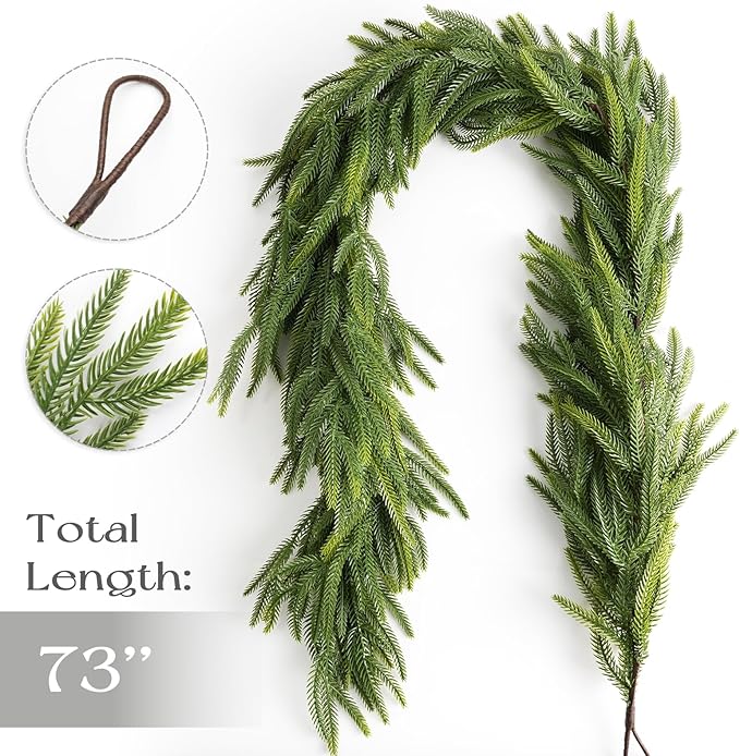 Christmas Decorations - Christmas Garland - 6 Ft Artificial Norfolk Pine Garland - Realistic Greenery Home Decor for Mantle Fireplace Stairs Railing Table Door Porch Xmas Decorations Indoor Outdoor