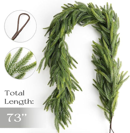 Christmas Decorations - 2PCS Christmas Garlands- 6 Ft Artificial Norfolk Pine Garland - Greenery Home Decor Perfect for Mantle, Fireplace, Stairs Railing, Table, Porch, Door, Indoor & Outdoor Use