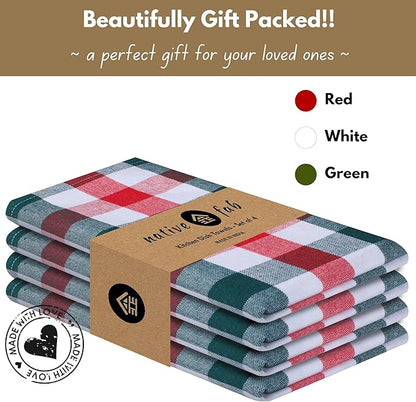 Native Fab Gingham Check Kitchen Towels 4 Pack 16x26 Inches - 100% Cotton, Soft, Absorbent Tea Towels & Kitchen Hand Towel for Drying, Cleaning & Reusable Dishcloths Set - Red, Green, White